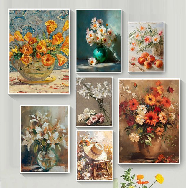 Potdemiel Wanddekoration Blumen Stillleben Poster als Leinwanddruck im Vintage Bauernhaus-Stil, Mehrfarbig - Bild 1