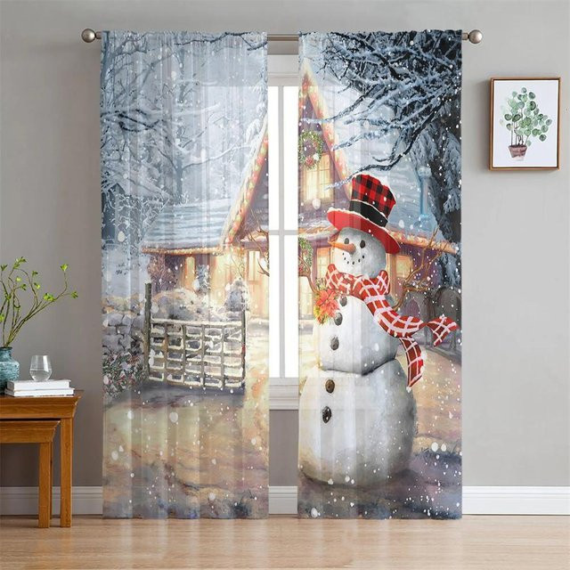 Yiran Furniture Weihnachtliche Schneemann Vorhänge aus transparentem Tüll im 2er-Set, Breite: 65 cm, Höhe: 60 cm - Bild 1