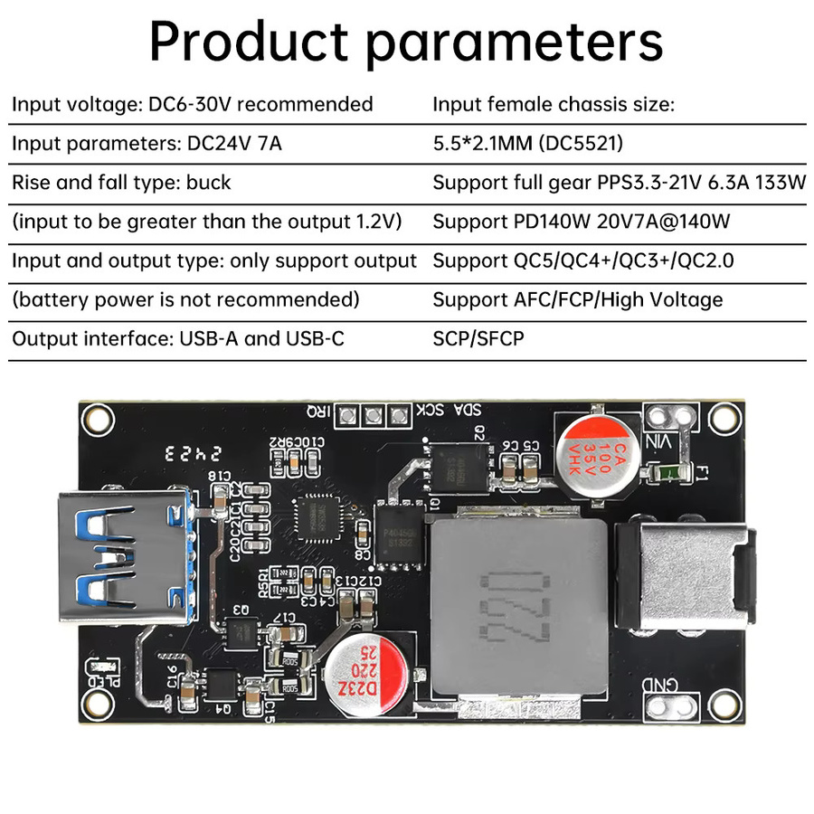 Gaqqee Multiprotokoll-Desktop-Schnelllademodul 140W in Schwarz mit USB-C und USB-A, unterstützt QC5.0 QC4.0+ PD FCP SCP - Bild 3