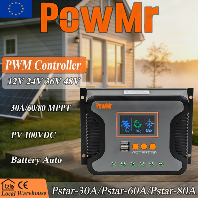 POWMr PWM Solar-Laderegler für 12V bis 48V Batterien mit LCD-Display und USB-Anschlüssen, Schwarz - Bild 1