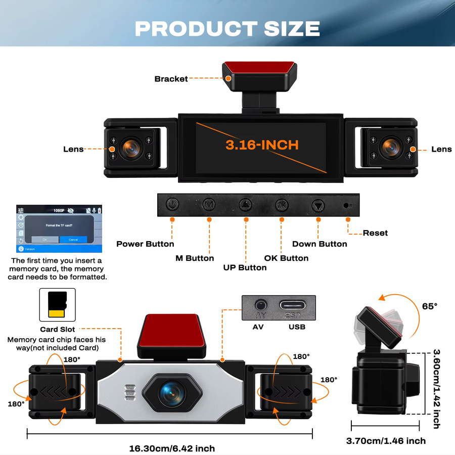 Podofo 4-Kanal Auto-Dashcam mit 1080P Quad-Linsen, 4K-Fahrzeug-DVR-Recorder für Front, Innenraum und Heck mit Nachtsicht und Parküberwachung, Schwarz - Bild 6