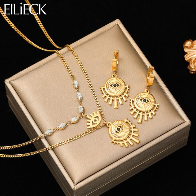 Eilieck Schmuck-Set, Halskette, Ohrringe, Edelstahl, Vintage, Gold, Damen - Bild 1