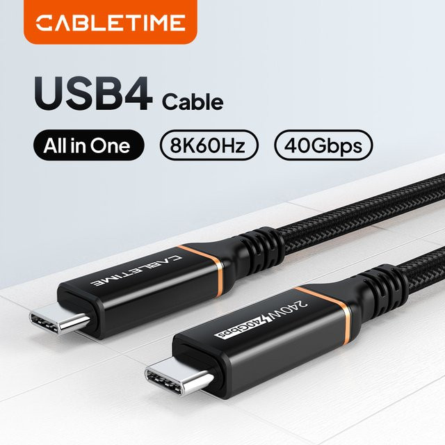 CABLETIME USB4-Kabel USB-C auf USB-C in Schwarz mit 240W und 40Gbps für 8K@60Hz Auflösung - Bild 1