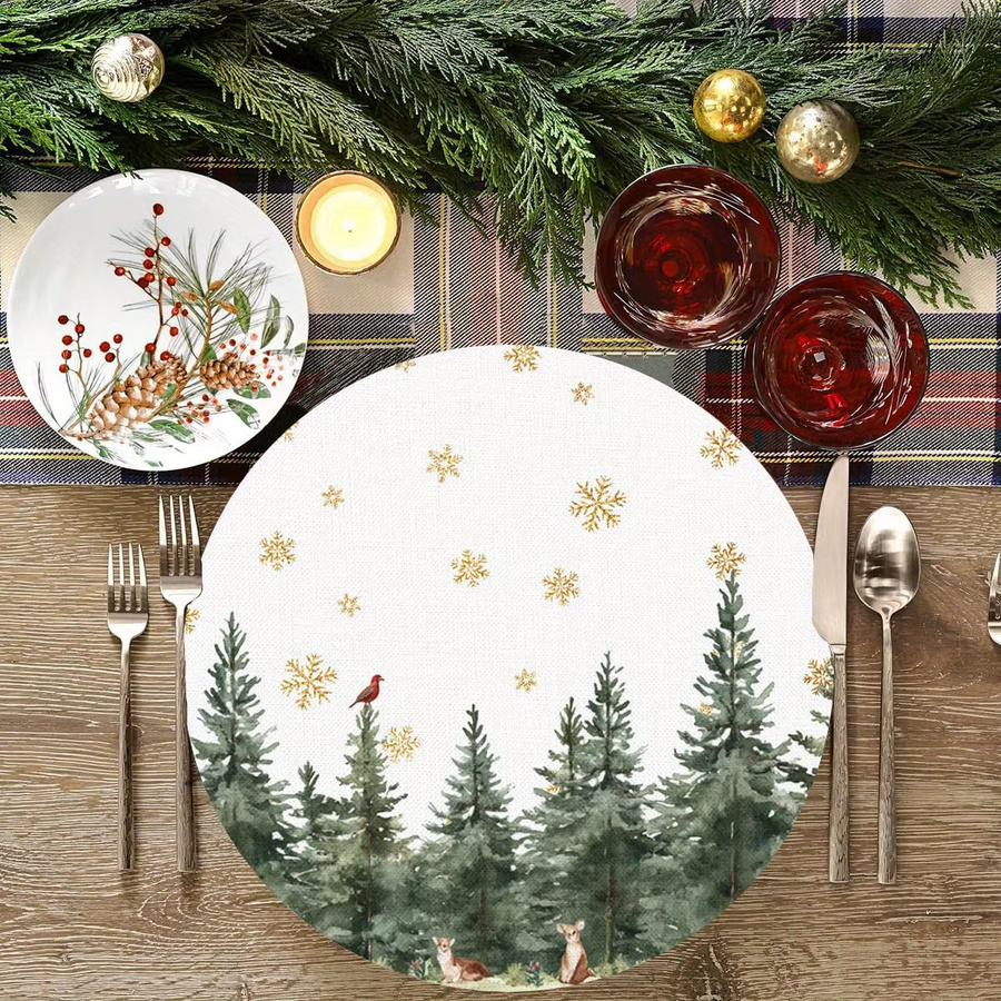 VIKAMA 4er-Set Platzsets mit Wald- und Winterlandschaftsmotiv, rund, Mehrfarbig - Bild 2