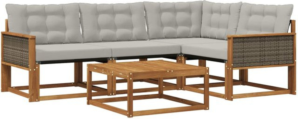 Modernes 5-teiliges Outdoor-Sofagarnitur Loungemöbel Set aus Akazie und Stoff in Natur und Hellgrau von vidaXL - Bild 1