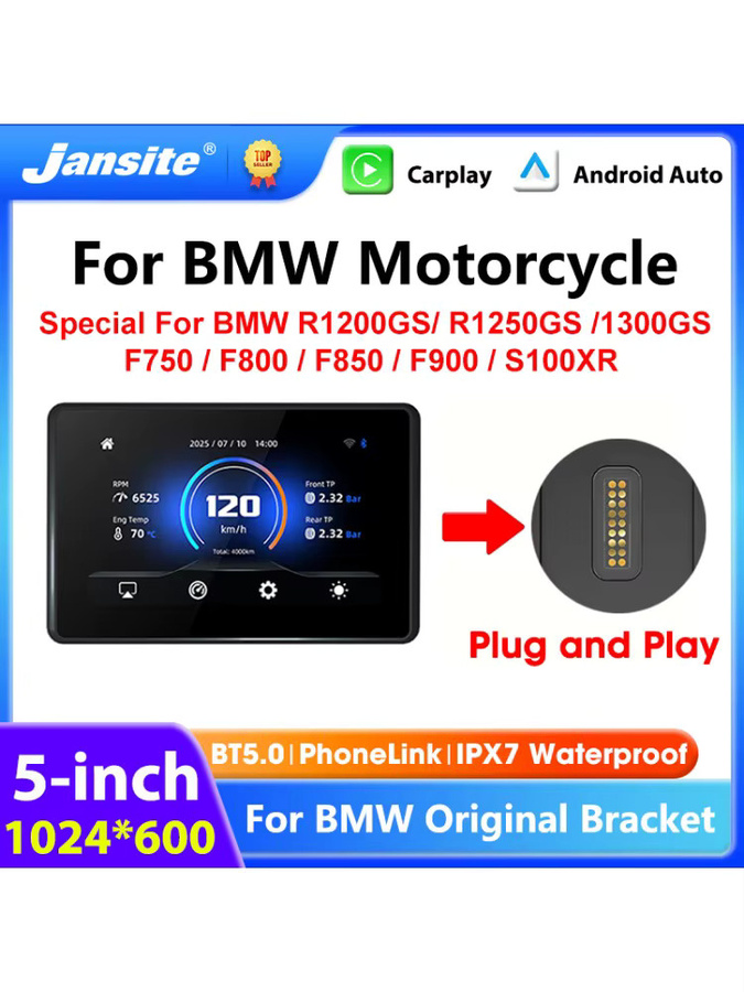 jansite Motorrad-Navigationssystem für BMW R1200GS R1250GS R1300GS F800 F850 F900 S1000XR mit kabellosem CarPlay und Android Auto Moto Monitor in Schwarz - Bild 5