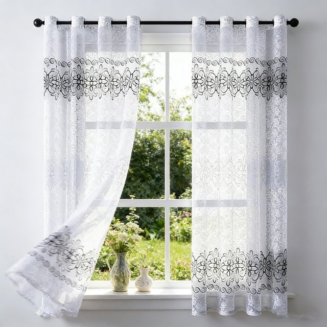 AiFish Jacquard Tüll-Vorhang mit floralem Muster in Grau und Weiß, rustikaler Transparentvorhang für Küche, Wohnzimmer und Schlafzimmer, Breite: 230 cm, Höhe: 100 cm - Bild 1