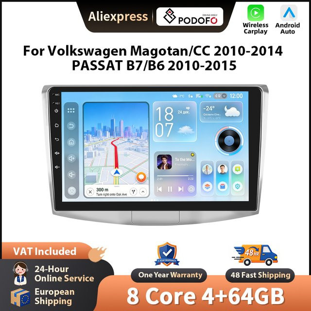 Podofo Android Autoradio für Volkswagen Magotan, CC und Passat B6/B7 in Schwarz mit Wireless CarPlay, GPS und WIFI - Bild 1