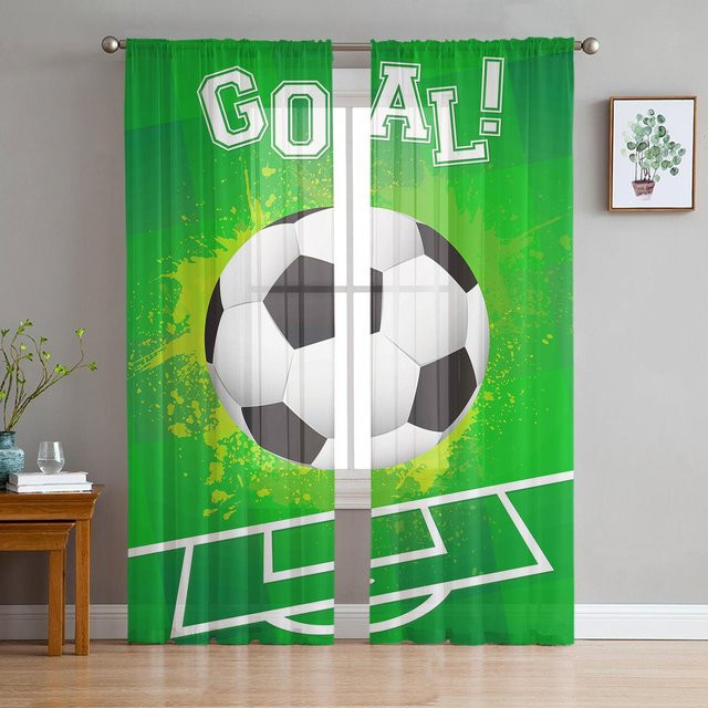 Transparente Tüll-Vorhänge mit Fußballfeld-Design in Grün, Breite: 135 cm, Höhe: 137 cm - Bild 1