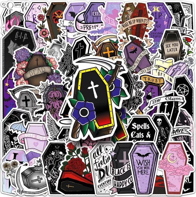 50 Stück GOGOTU Gothic Halloween Vampir Sarg Aufkleber aus wasserfestem PVC in Multicolor für Skateboard, Notebook und DIY Dekoration - Bild 1