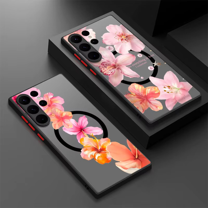 Magnetische Handyhülle mit rosa Blumenmuster für Samsung Galaxy S25 Edge, S24 Plus, S23 Ultra, S22 und weitere Modelle - Bild 1
