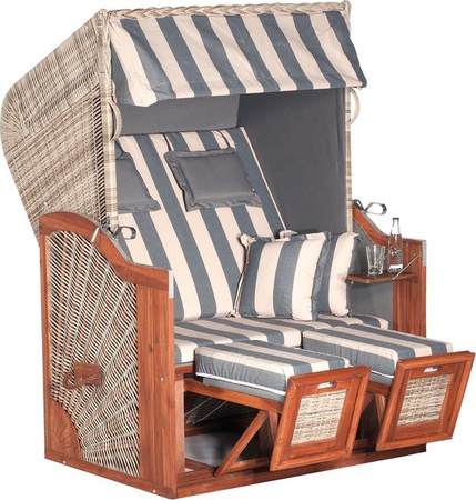 Sonnenpartner Garten-Strandkorb Rustikal 285 Z SUN aus Akazienholz in Grey-Washed mit Sonnenmarkise und Flechtoptik
