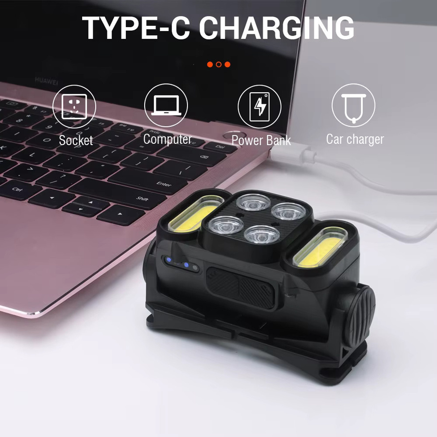 Boruit LED Stirnlampe mit Bewegungssensor, wiederaufladbarer COB-Scheinwerfer mit 5 Lichtmodi, Typ-C-Anschluss, wasserdicht, Schwarz - Bild 5