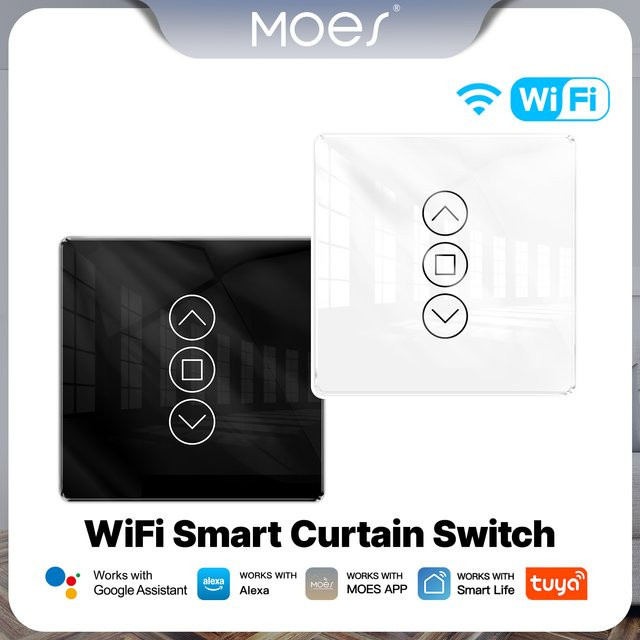 MOES WiFi Smart Vorhang Schalter mit 2,5D Arc Glas Touch Panel in Weiß für Rollos und Fensterläden, App-Steuerung und Kompatibilität mit Alexa und Google Home - Bild 1