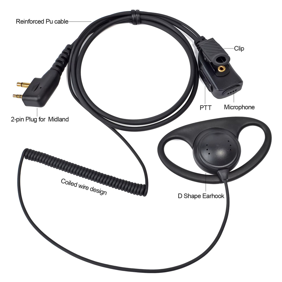 YNIBST Radio-Ohrhörer mit D-förmigem Ohrbügel und PTT-Mikrofon in Schwarz für Midland LXT500VP3 GXT1050VP4 GXT1000XB und Icom IC-V8 V80 V80E - Bild 3