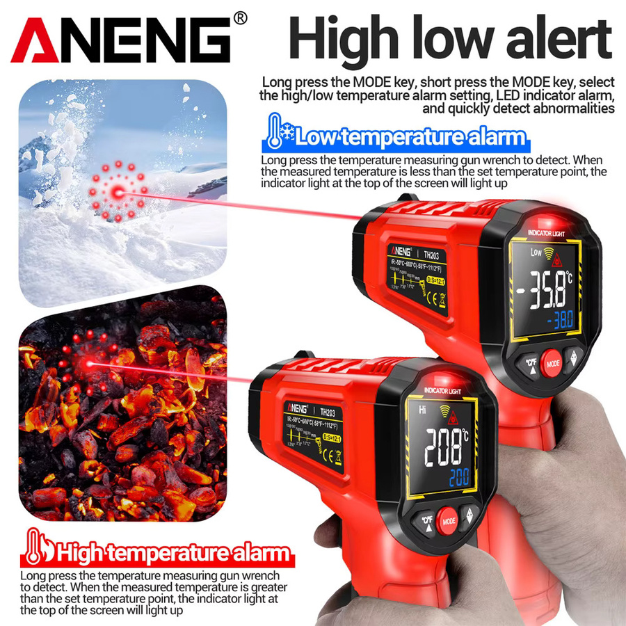 ANENG TH203 Infrarot-Thermometer Digitales Temperaturmessgerät als berührungsloses Pyrometer in Rot - Bild 3