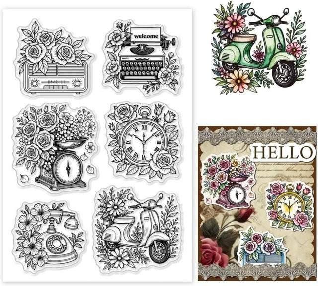 Transparenter Stempel im Vintage-Stil mit Motorrad-Blumenmuster für die Kartenherstellung - Bild 1