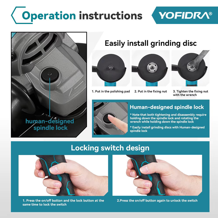 YOFIDRA bürstenloser Winkelschleifer 125 mm mit M14 Spindel, 20.000 U/min, 21 V Akku-Schleifer kompatibel mit Makita LXT - Bild 3