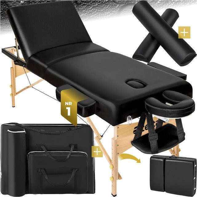 tectake 3 Zonen Massageliege-Set mit Holzgestell aus Buche in Schwarz, B/T/H: 218 x 102 x 90 cm - Bild 1