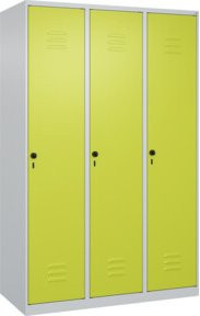 C+P Spind Classic PLUS Garderobenschrank mit 3 Abteilen, B/T/H: 120 x 50 x 185 cm, Lichtgrau und Clowngrün, Stahlkonstruktion mit Sicherheits-Drehriegel, Garderobenstange und Ablageböden - Bild 1