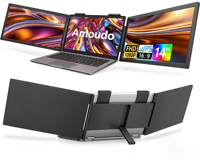 Amoudo Triple Laptopmonitor 14 Zoll Full HD IPS mit USB-C Anschluss, Schwarz - Bild 1