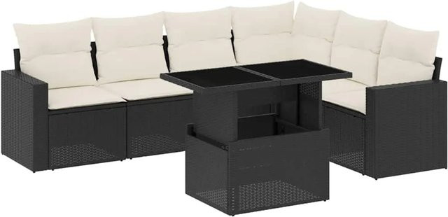 vidaXL 7-teilige Garten-Sofagarnitur in L-Form aus Poly-Rattan mit Kissen in Schwarz-Creme - Bild 1