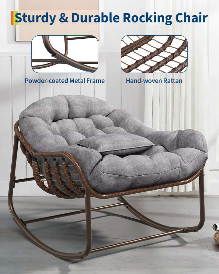 HiMISS Übergroßer Papasan-Schaukelstuhl für die Terrasse mit Rattan-Geflecht und grauem Kissen, Outdoor-Lounge-Schaukelstuhl im Boho-Stil - Bild 4