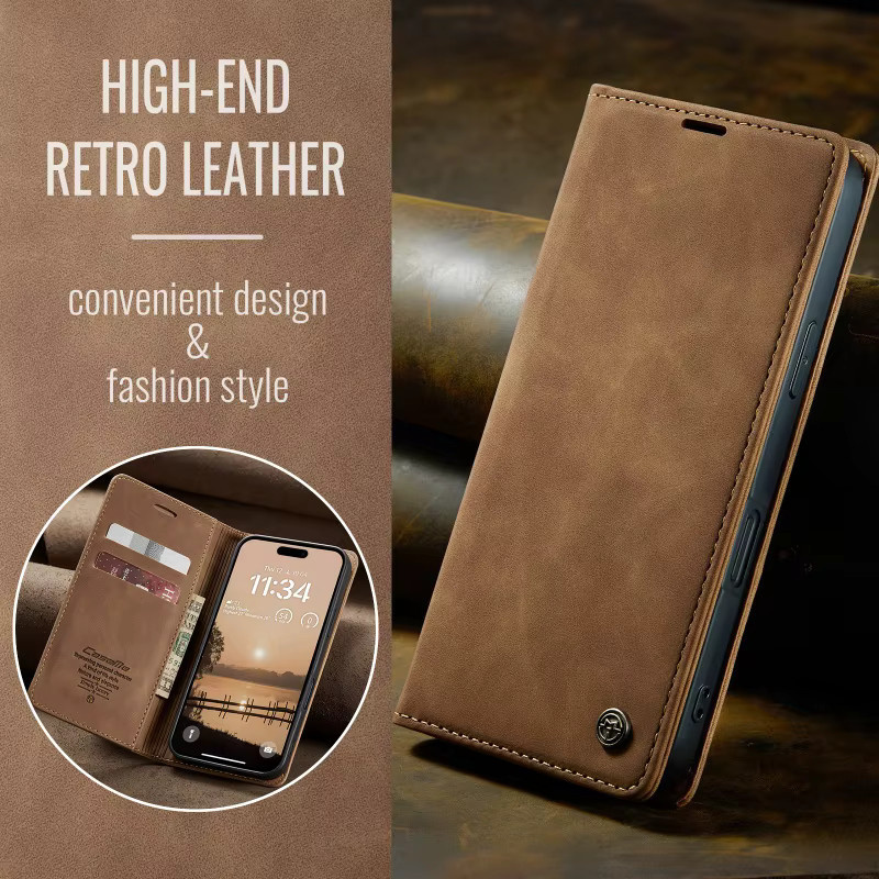Retro Flip Handyhülle aus PU-Leder mit Kartenfächern für iPhone 17 Air 17E 16 15 14 13 12 11 Pro Max von szHAIyu in Rot und Braun - Bild 3