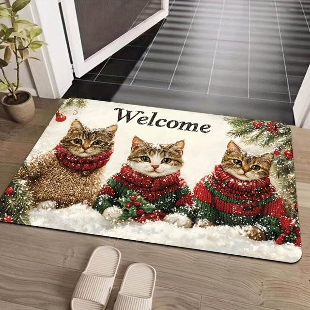VIKAMA Druckteppich mit drei Katzen für Weihnachten, rutschfest und schmutzabweisend, Bodenmatte für Wohnzimmer und Veranda - Bild 1