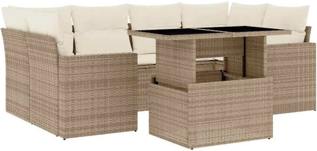 vidaXL 7-teilige Garten-Sofagarnitur aus Poly-Rattan in Beige mit Kissen und pulverbeschichtetem Stahlgestell - Bild 1