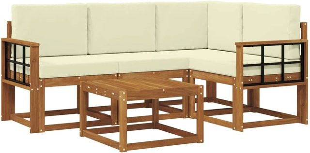 vidaXL Outdoor-Sofagarnitur in L-Form aus Akazienholz mit Kissen und Couchtisch, Braun und Beige - Bild 1