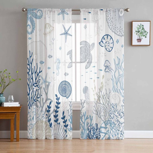 Super Six Chiffon-Fenstervorhänge mit Marinekoralle und Schildkröten-Motiv in Blau, B: 135 cm, H: 183 cm - Bild 1