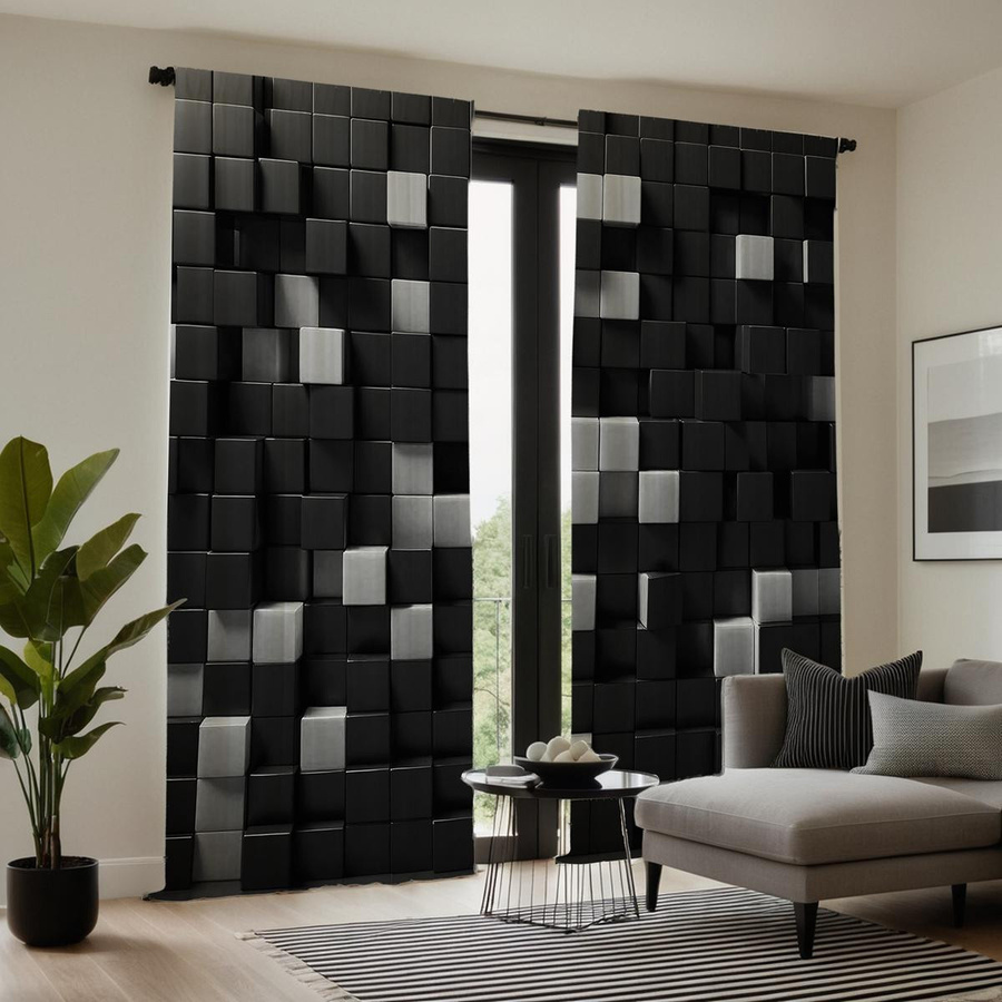 2er-Set MH Vorhänge mit modernem Schwarz-Weiß Holzblock-Design, halbtransparent, B: 132 cm, H: 160 cm - Bild 4