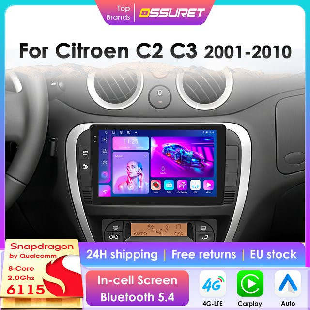 OSSURET Android 14 Multimedia Autoradio mit Qualcomm 8 Core für Citroen C2 C3 (2001-2010), Schwarz, kabelloses CarPlay, Android Auto, 4G, Bluetooth 5.4 und GPS - Bild 1