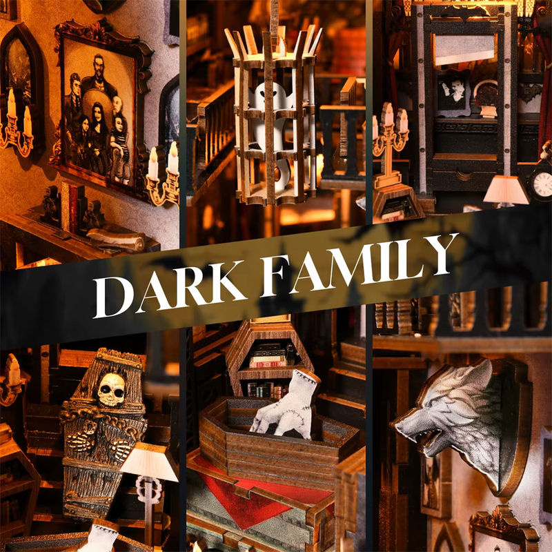 ASLOWSNAIL Book Nook Kit Dark Family DIY Holzpuzzle im Gothic-Stil für Halloween, schwarzes Modell für das Bücherregal als dekorative Buchstütze - Bild 3