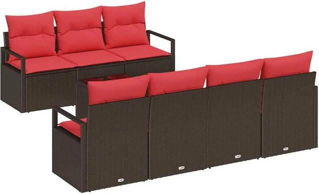 vidaXL 8-teiliges Gartenmöbel Set aus Poly Rattan in Braun und Rot mit Kissen und Tisch - Bild 1
