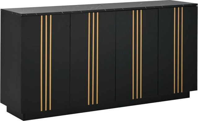 Merax Sideboard Modern Schwarz Gold mit 4 Türen und Streifenmuster, B/T/H: 140 x 35 x 70 cm - Bild 1