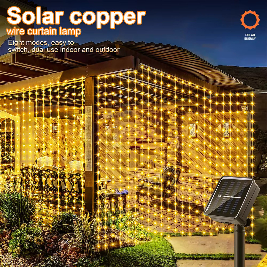 IEEYEEY Solar LED Vorhang Licht Outdoor Girlande mit Kupferdraht in Warmweiß - Bild 2