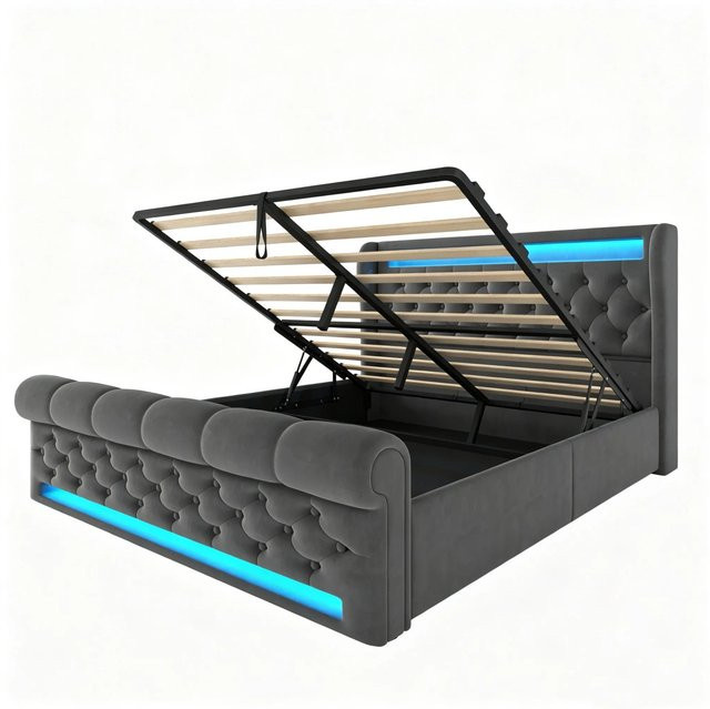 okwish Polsterbett Grau mit Matratze, USB-Anschluss und Bettbeleuchtung, B/T/H: 140 x 200 x 110 cm - Bild 1