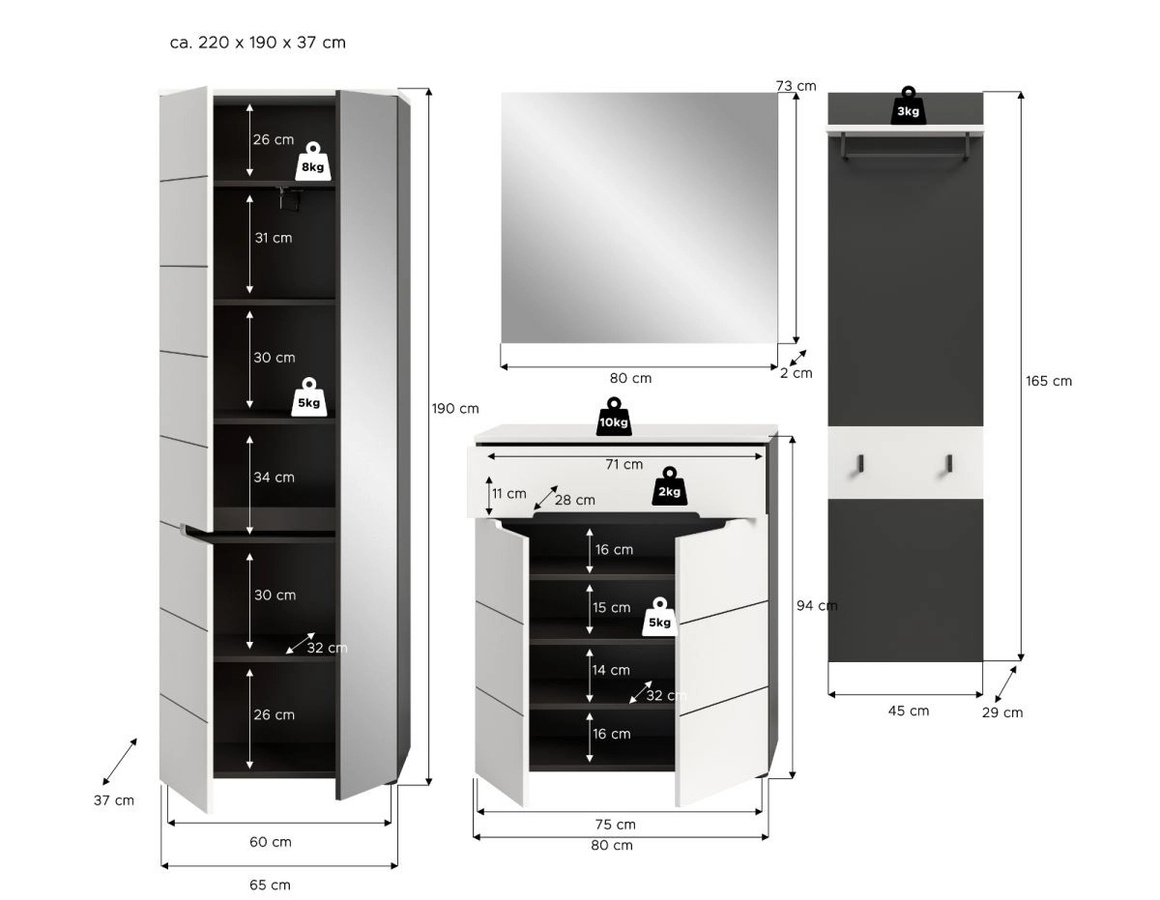 Inn.Furn Garderoben-Set Cooper 4-teilig in Weiß und Grau mit Schuhschrank, Spiegel und Paneel, Breite: 220 cm - Bild 5