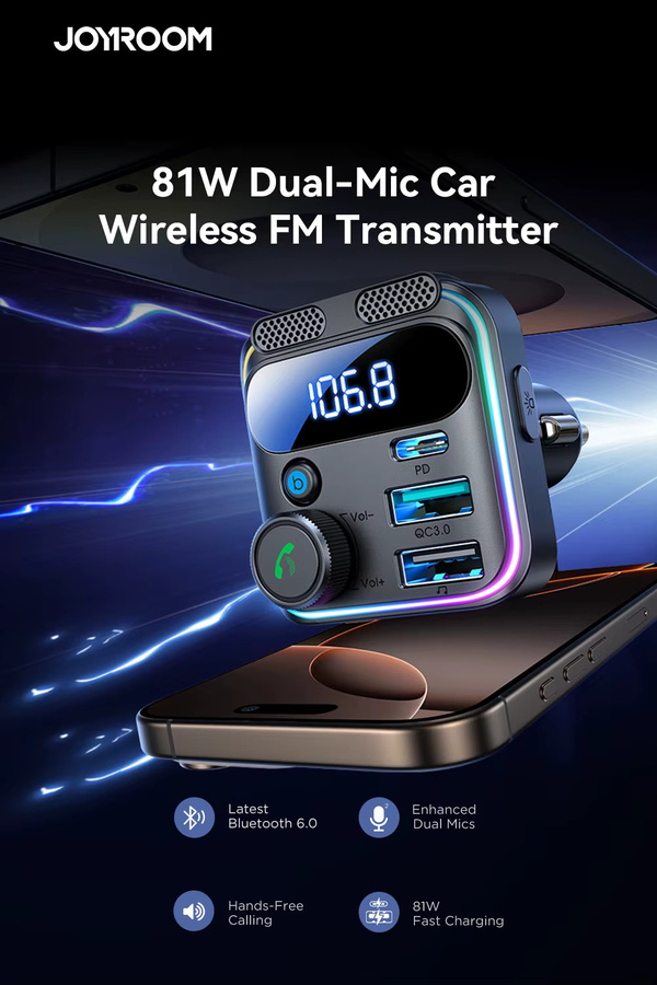 Joyroom Bluetooth 6.0 FM-Transmitter mit PD 45W und QC3.0 Schnellladegerät als Auto-Adapter in Schwarz - Bild 2