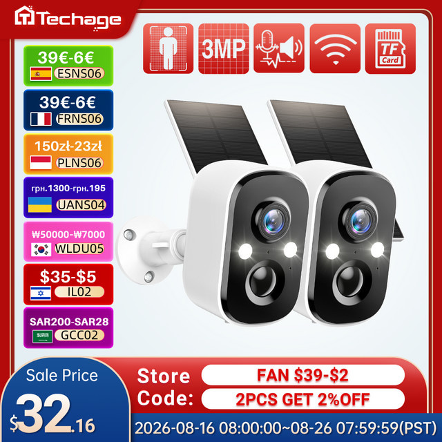 Techage 3MP Solar WiFi Outdoor Sicherheitskamera mit Akku, Weiß, PIR-Bewegungserkennung, Zwei-Wege-Audio und Alexa-Unterstützung - Bild 1