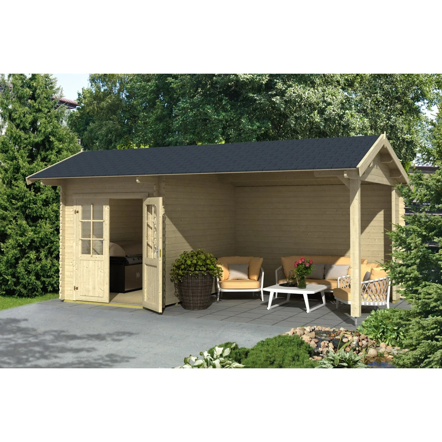 Lasita Gartenhaus Kenzo aus Fichtenholz in Braun mit Anbaudach und Satteldach, B/H/T: 580 x 273,6 x 389,3 cm - Bild 2