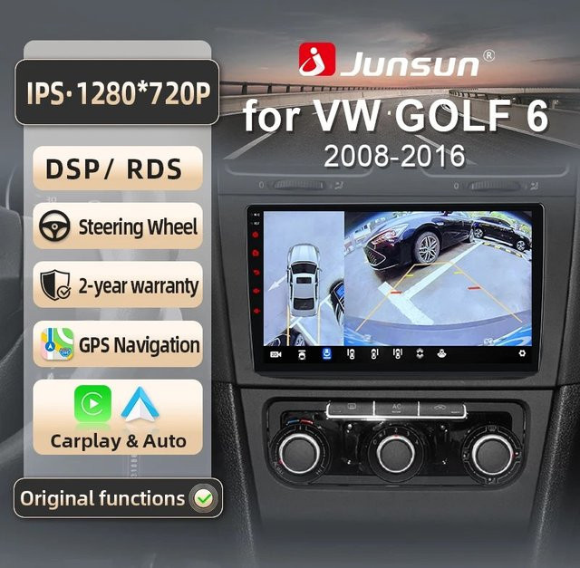Junsun Android 13 Autoradio für VW Golf 6 (2008-2016) mit 9 Zoll Display, 4GB RAM, 64GB Speicher, GPS, Carplay, Bluetooth, DSP und Rückfahrkamera Unterstützung in Schwarz - Bild 1