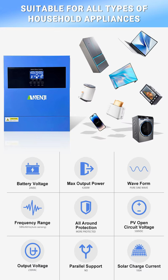 ANENJI Hybrid Solar-Wechselrichter 4KW 24V Off-Grid mit MPPT 100A, Reiner Sinuswellen-Solarregler mit WIFI-Unterstützung und BMS, Blau - Bild 2