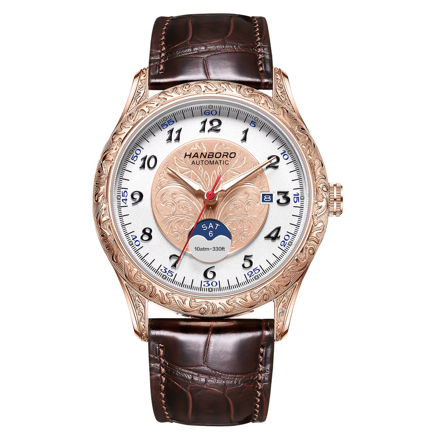 HANBORO Armbanduhr Automatik, Roségold, Leder, Herren, Datum, 10 ATM - Bild 2