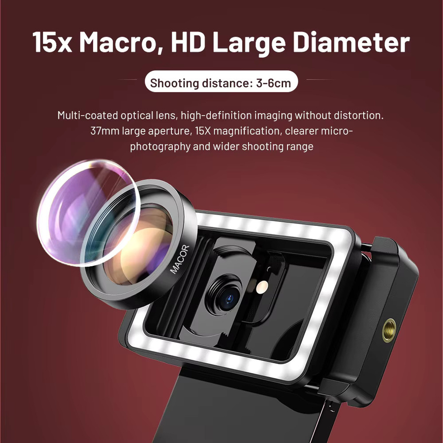 APEXEL HD 15x Super-Makro-Objektiv mit LED-Fülllicht in Schwarz für iPhone, Samsung und alle Smartphones - Bild 2