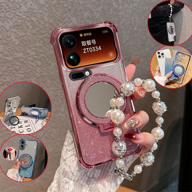 Bling Glitzer Handyhülle für Xiaomi Mi 17 Pro und Mi 17 Pro Max in Pink mit Spiegel, Ständer, Perlenkette und stoßfestem Schutz - Bild 1