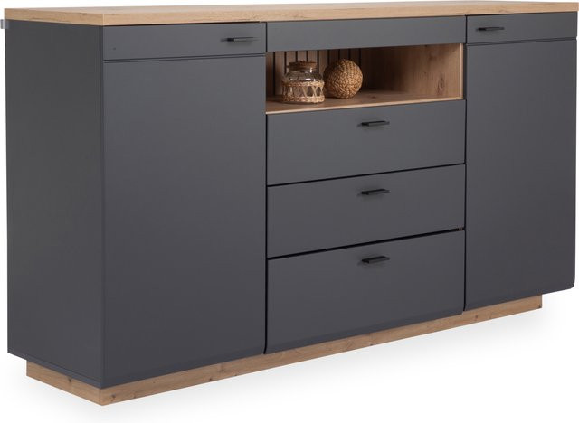 Sideboard HARPER WILLIAMS in Grau mit Artisan Eiche Dekor und Soft-Close-Schubladen, B: 175 cm, H: 47 cm, T: 98 cm - Bild 1