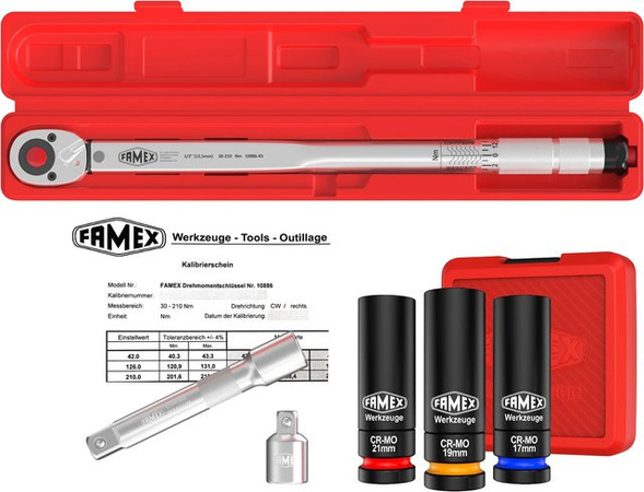 FAMEX Drehmomentschlüssel Set 1/2 Zoll mit Einsätzen 30-210 Nm in Multicolor